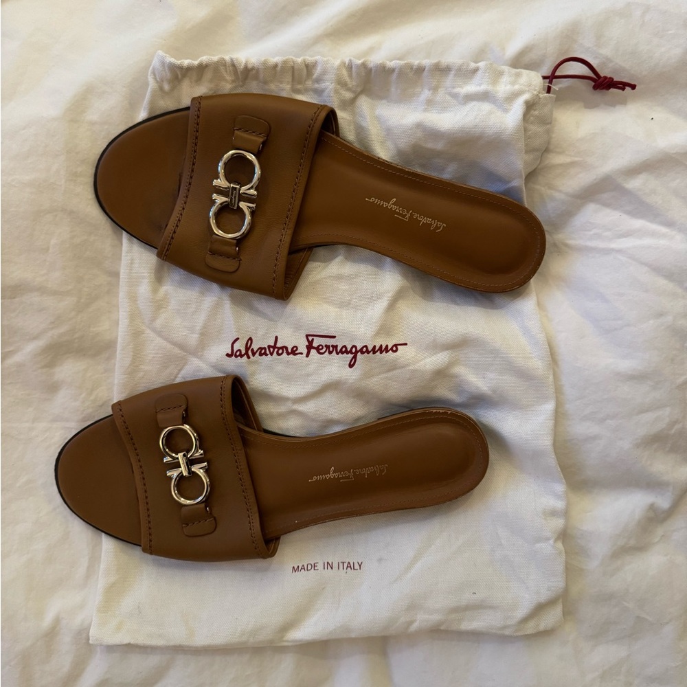 Ferragamo flat slide sandals with gancini